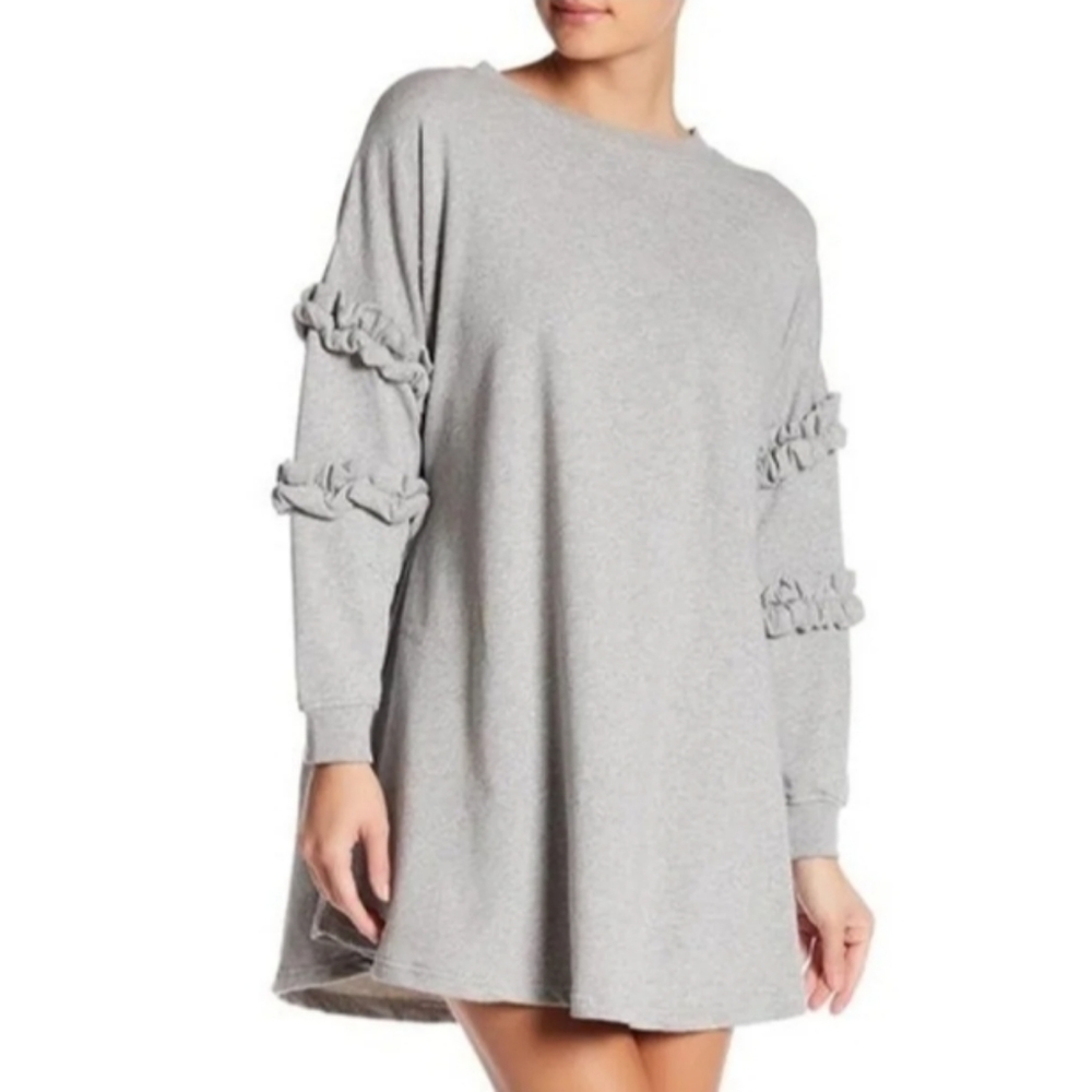 SOLUTIONS Gray Sweater Puff Ruffle Bubble Long Sleeve Dress Small